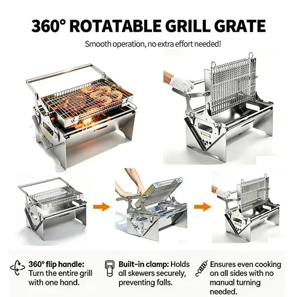 Flip Rotatable BBQ Grill｜Portable Foldable Stainless Steel